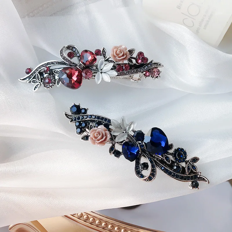 Hair Clip Red Crystal Flower Bow Spring Vintage Ink Blue Rhinestone