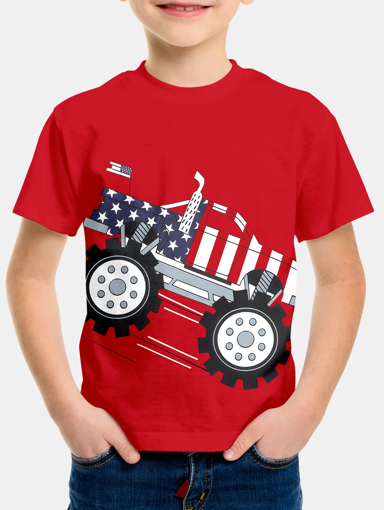 Boys'car summer round neck short sleeved T-shirt, casual lightweight and comfortable top, 3D printed