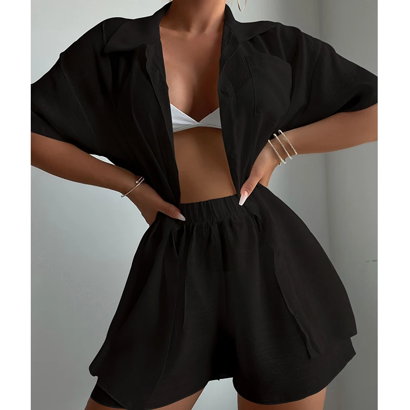 Fashion Button Pocket Shorts Women's Suit Elegant Lapel Short Sleeve 2 Piece Set Casual Simple Vacation Womenswear
