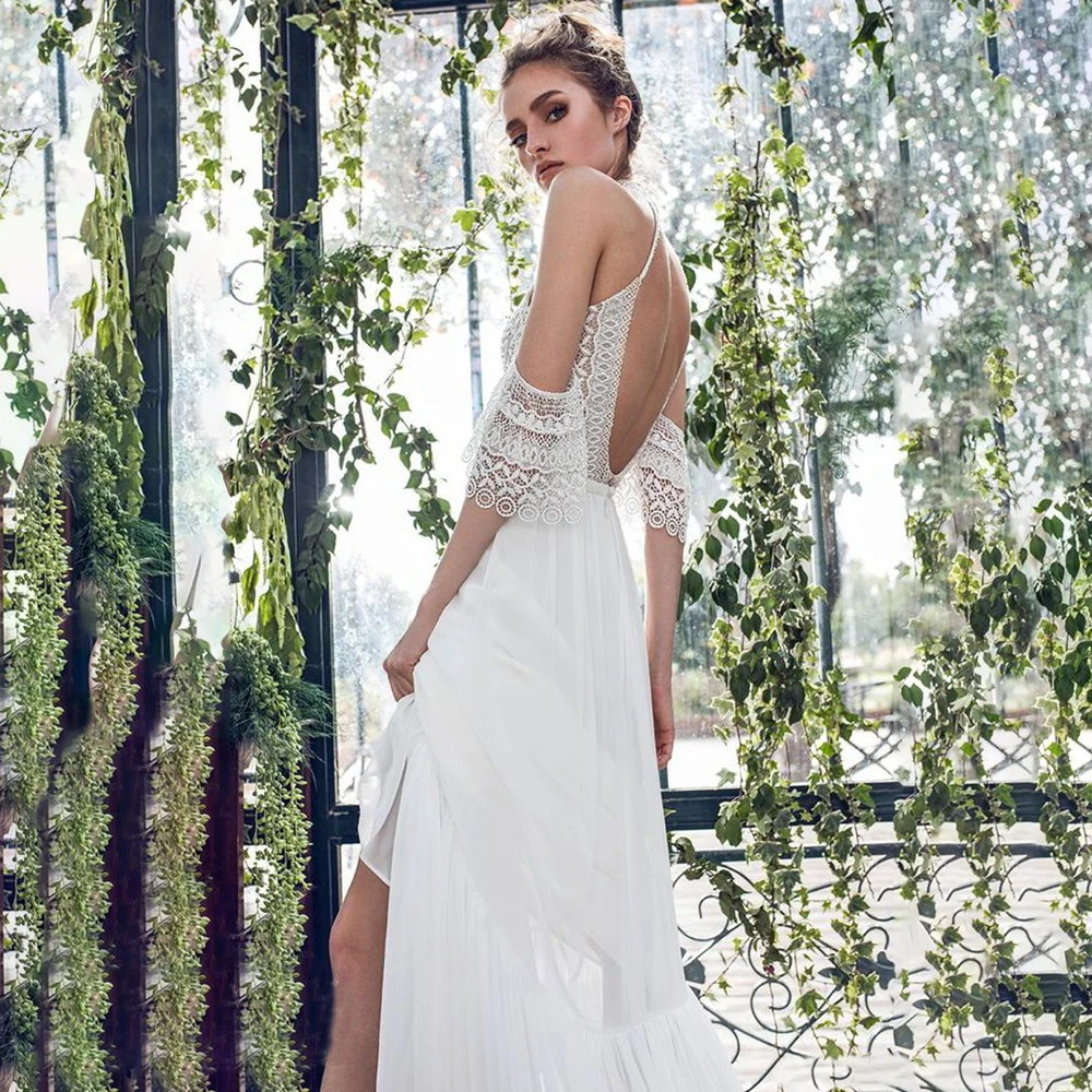 Boho A-Line Wedding Dresses Halter Neck Short Sleeves Backless Bridal Gowns  | eBay