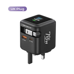 70W GaN Fast Charger with Type - C Retractable Cable and 3 In 1 Fast Charging Capability - UK Plug