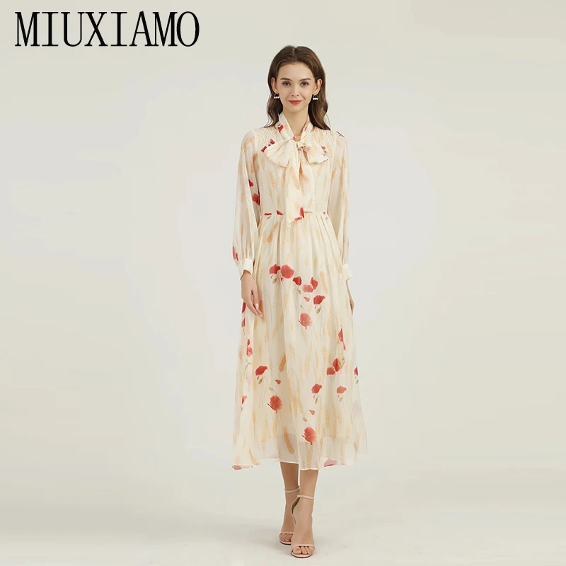 

MIUXIMAO 2022 Spring Newest Fashion Runway Turn Down Collar Maxi Dress Women's Long Sleeve Flower Print Designer Long Dress Bow