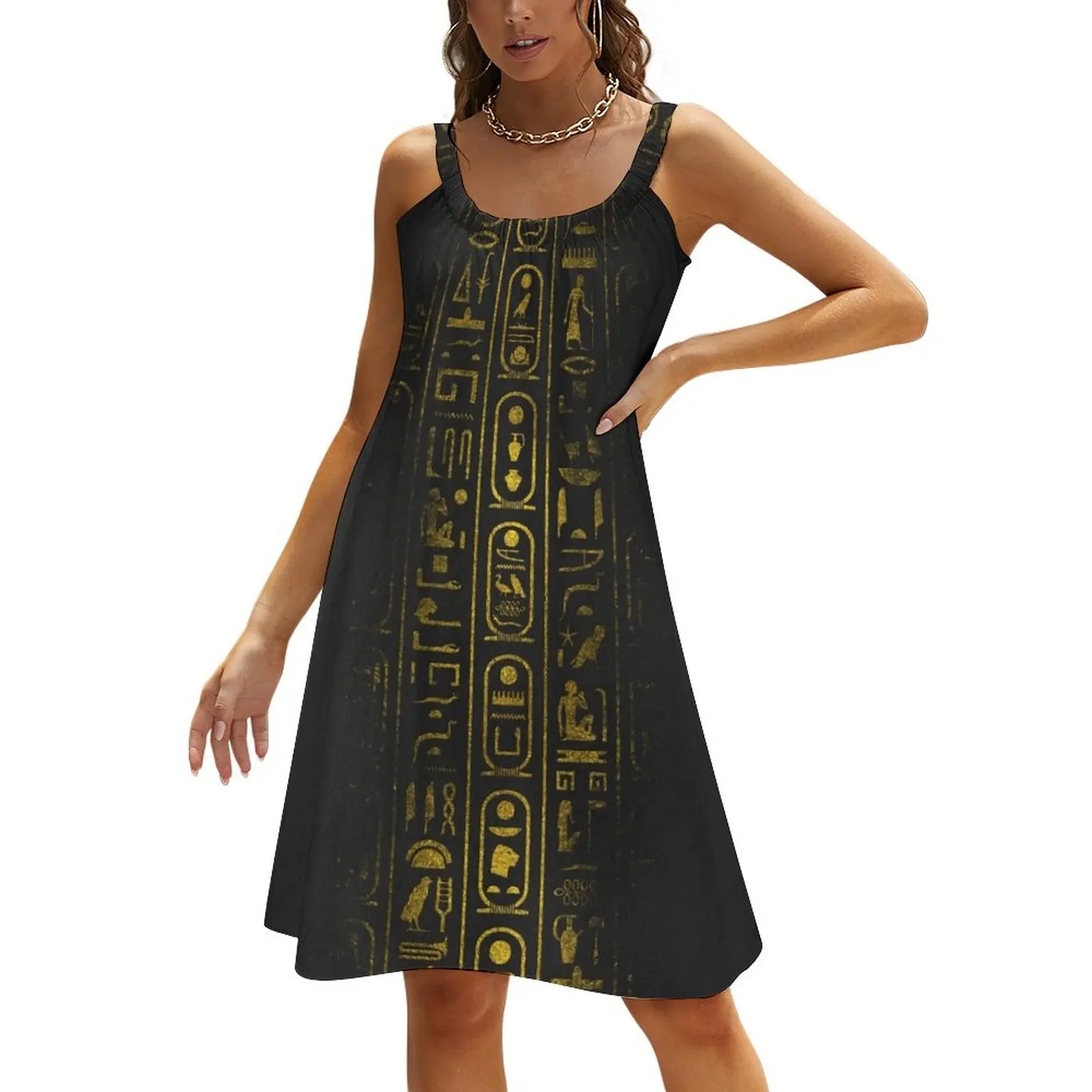 

Grunge Egyptian Gold hieroglyphs on black paper Beach Sling Skirt dresses women summer 2024 women's evening dresses