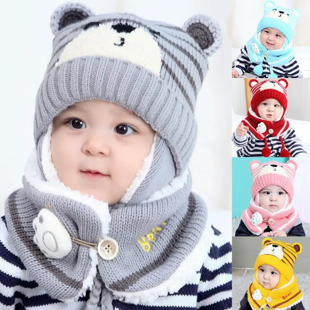 

Bear Unisex Hat Baby Warm 6M-34M Winter Kids Girls Boys Cartoon Stripe Knit Cap Woolen Yarn Scarf Earmuff keep Set for outdoor