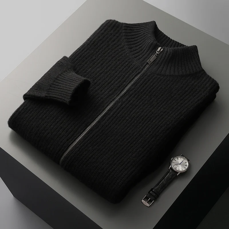 Autumn and winter new half-high-necked zipper 100% pure wool cardigan men's padded leisure knitted cashmere bottoming cedar. 4