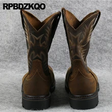 Vaquera Botas Vaqueras Para Hombre De Genuino Runway Dedo Del Pie Cuadrado Altas Ponerse Zapatos Occidental Acero Marrón Mediados Becerro Fornido Patrón Masculino Calzado Moda Cómodo - AliExpress