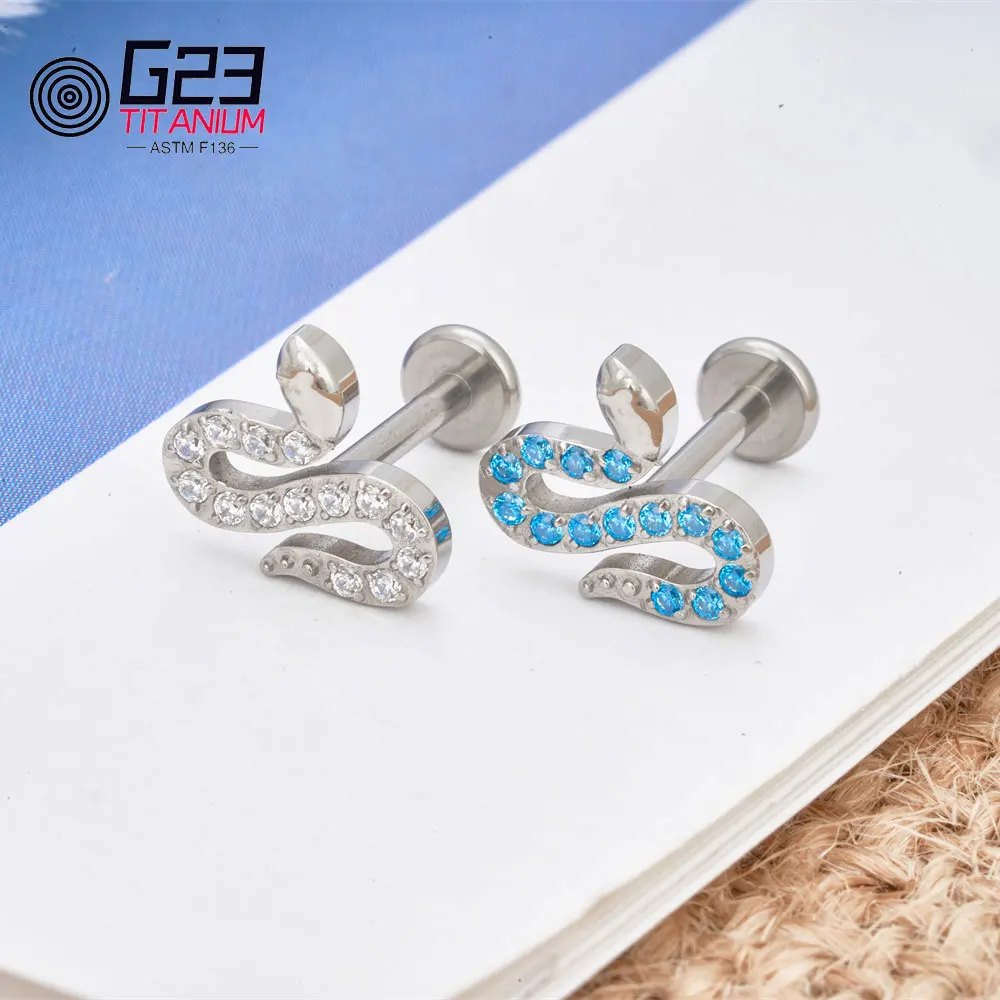 ASTM F136 Titanium 16G Snake Cubic Zirconia Nose Labret Stud Earring Tragus Conch Helix Cartilage Lobe Ear Piercing Body Jewelry