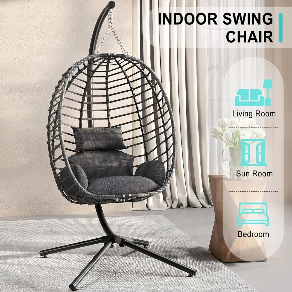 Egg Swing Chair with Stand, Outdoor Hanging Egg Chair with Stand, Indoor Eggs Chair with Cushion, Patio Wicker Swing Eggs 6