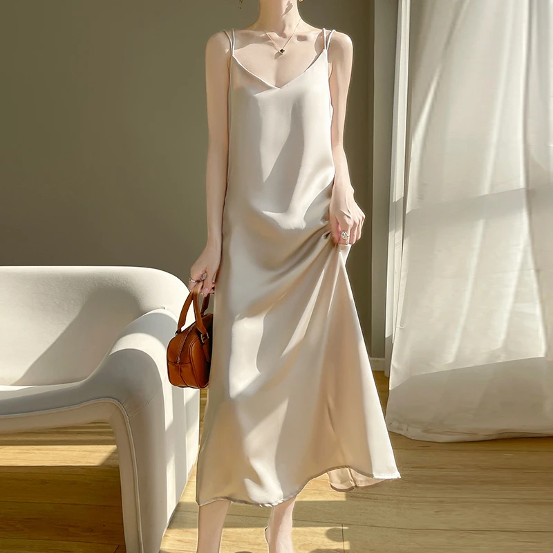 Silk glossy Hanging Suspender Dress With Feminine Temperament, spring And Summer high-end Solid Color Long Skirt 4