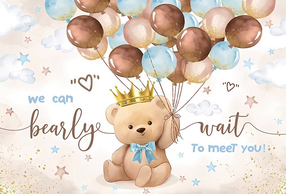 Teddy Bear Baby Shower Backdrop with Floral and Balloon Decor for Photography and Kid's Birthday Parties