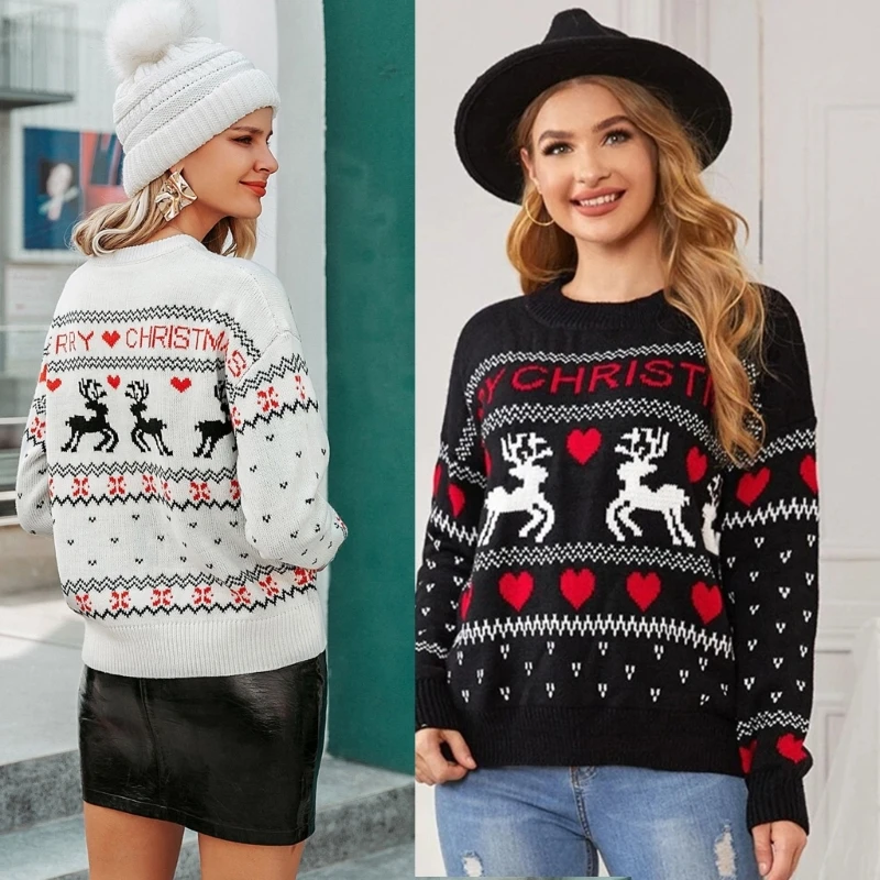 

Womens Christmas Pattern Knitted Sweaters Causal Crewneck Long Sleeve Knit Top drop shipping
