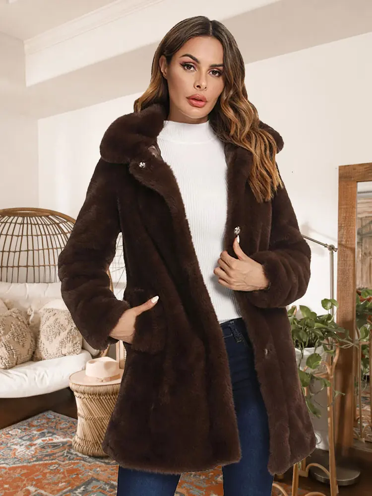 Giolshon Winter Women Faux Fur Lapel Coat Thick Warm Fuzzy Jacket Fleece Coat Faux Fur Fluffy Cardigan Long Overcoat Fourrure