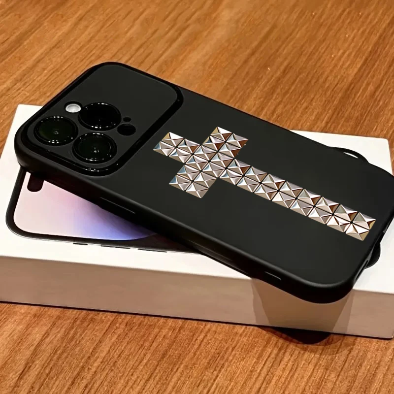 Rivet Cross Shockproof Black Matte Phone Case with Large Window
