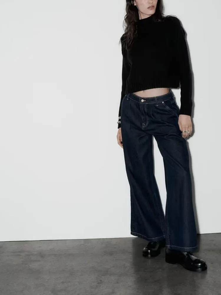2023 autumn new women's pleated decorated loose trousers wide leg high waist wide leg jeans