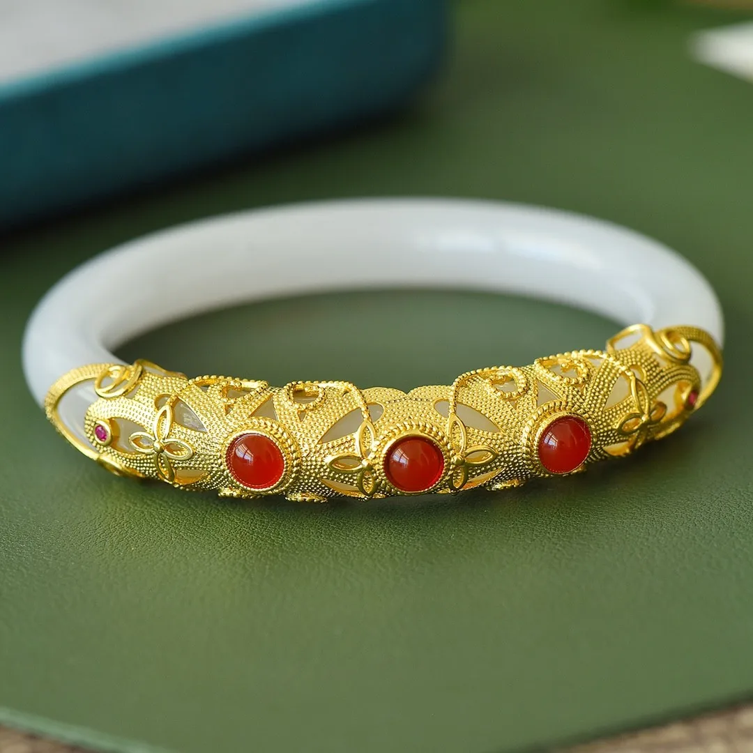 

Natural Nephrite White Jade Bangle Inlaid With Red Gemstones Hetian Jades Bangles Gold Round Bracelet Women Fine Jewelry Gifts