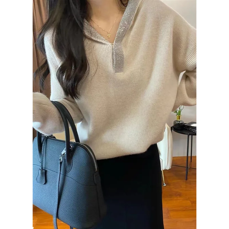 

Fashion age-reduction glitter hooded cashmere knitwear women fall/winter new loose slimming wool hoodie