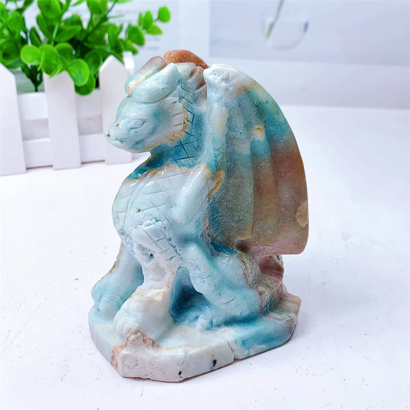 

10CM Natural Amazonite Dragon Figurine Crafts Healing Crystals Carving Halloween Gift Home Decoration 1PCS