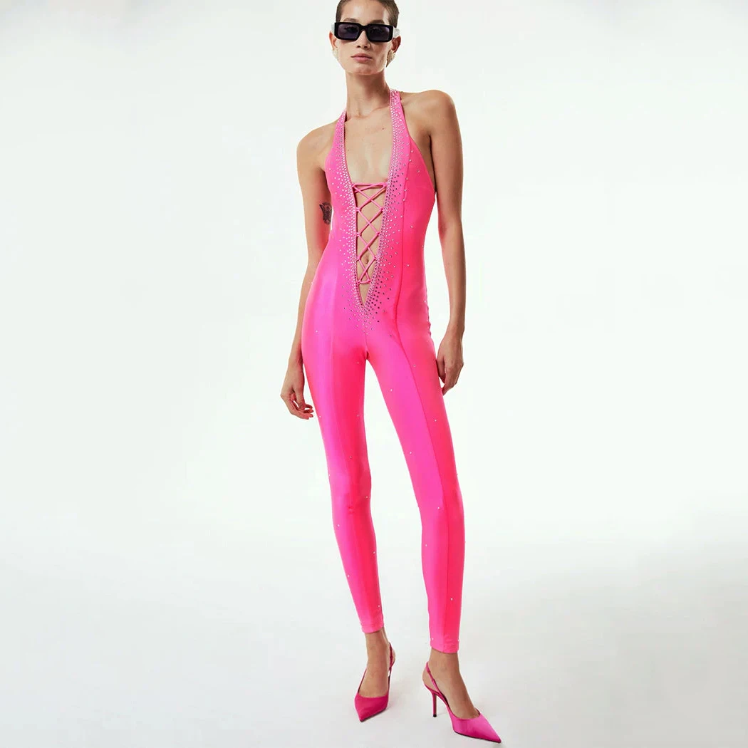 

2023 New Summer Fashion Rose Halter Backless Women Sexy Hollow Out Lace up Diamond Slim Fit Elastic Bandage Club Party Jumpsuit