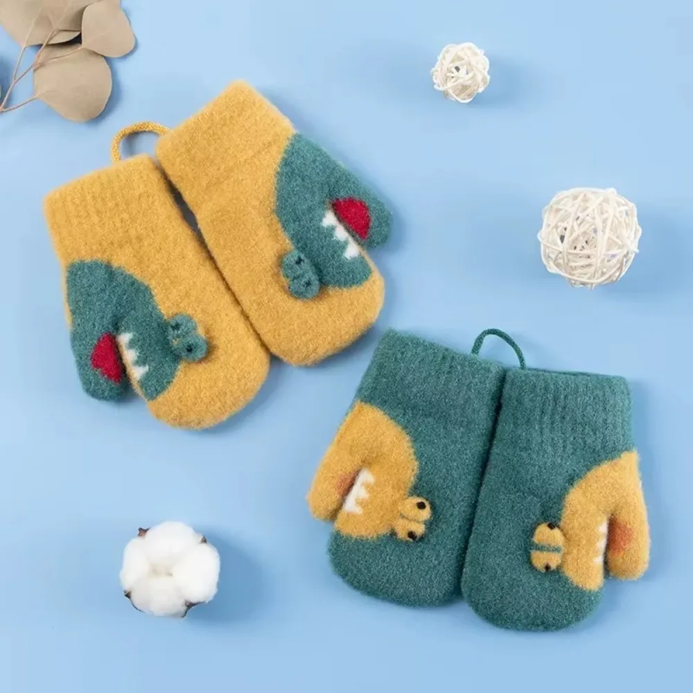 Children's Warm Gloves Knitted Jacquard Cartoon Lanyard Double Layer Fleece Mittens Cartoon Mittens Winter Warm 4-6 Years Old