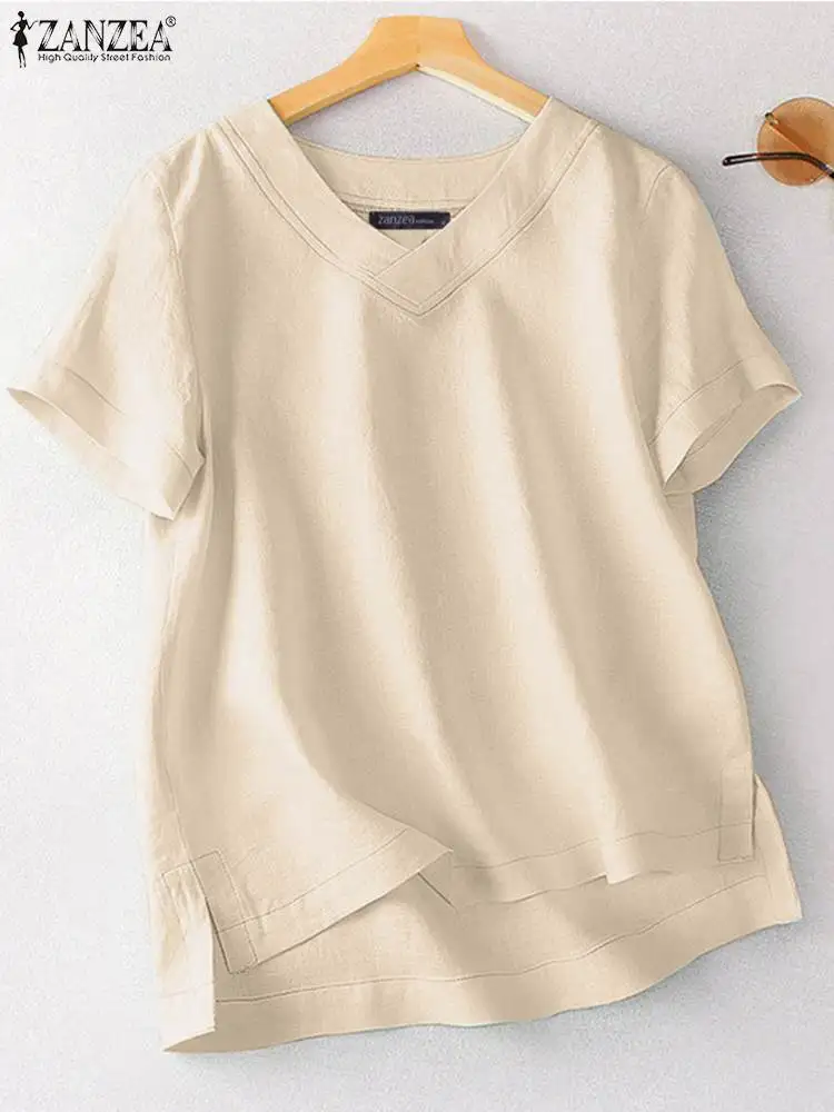 

ZANZEA Summer Blouse Fashion Women Solid Cotton Tops Tunic Female Casual V Neck Short Sleeve Loose Shirt Work Blusas Chemise