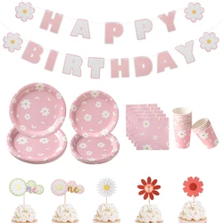 1pc Daisy Theme Pink Disposable Tableware Birthday Party Decor Daisy Paper Plate Napkin for Baby Shower Birthday Wedding Decor