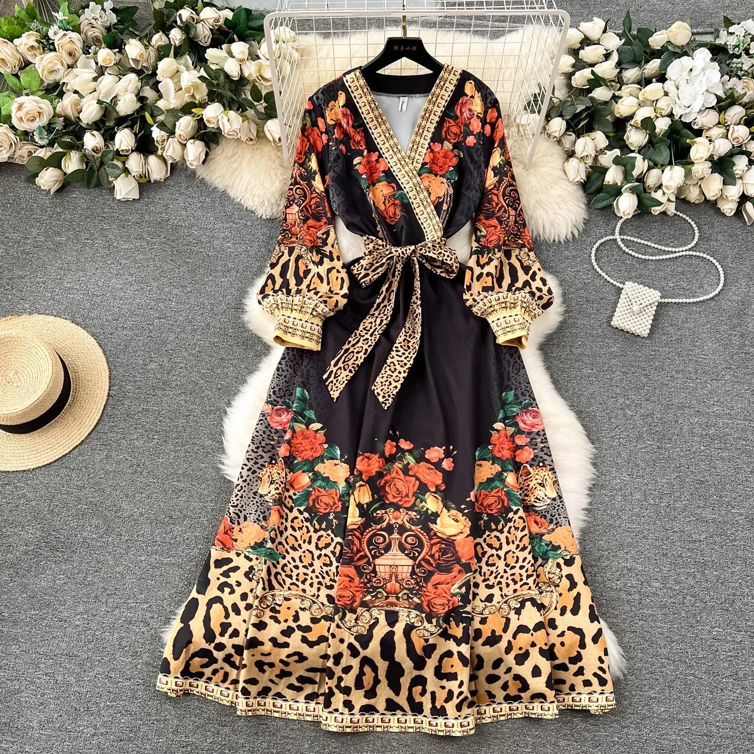 

Designer Fashion Vintage Women Printed Spring Autumn V Neck Lace Up Bow Lantern Sleeve Boho Holiday Casual Dresses