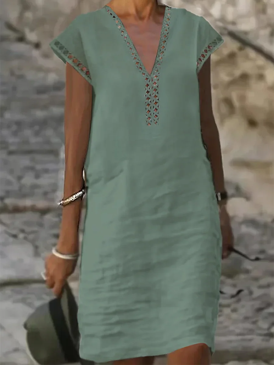 Abito Donna In Cotone E Lino - Scollo A V, Mezza Manica, Lunghezza Al Ginocchio, Casual Ed Elegante - Foto 7