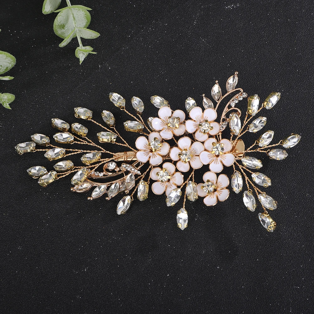Trendy Silver Rhinestone Bridal Hair Clip Gold Flowers Wedding Hair Accessories Jewelry Handmade Party Headpiece for Women Tiara