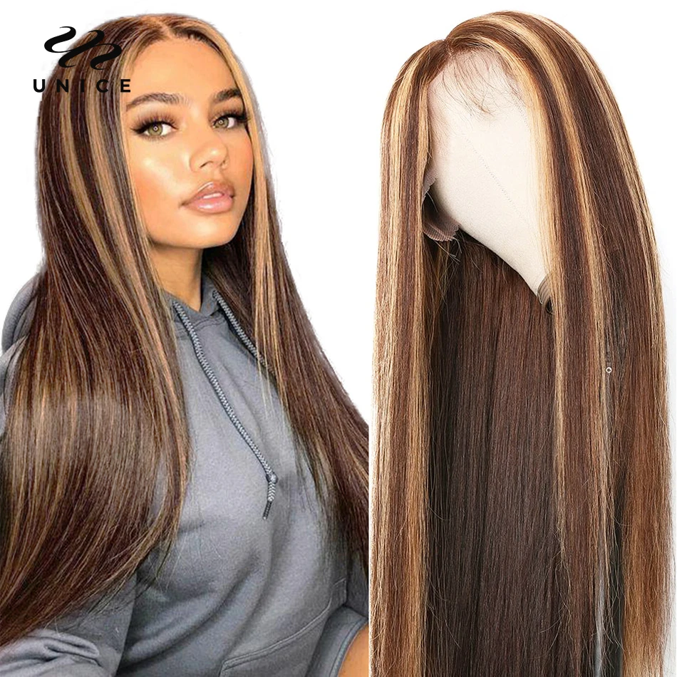 13x4 Highlight Wig Lace Front Human Hair Wigs Honey Blonde Brazilian Straight 5x5 HD Lace Closure Wig Unice Hair Wigs For Women