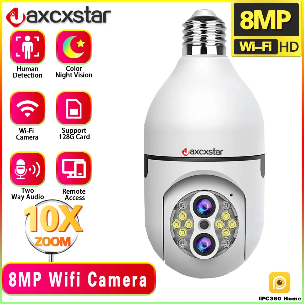 10X Ptz Zoom 4K 8Mp Wifi E27 Bulb Security Baby Monitor Wireless Automatic Human Tracking Dual Lens Light Telecamere Di Sorveglianza