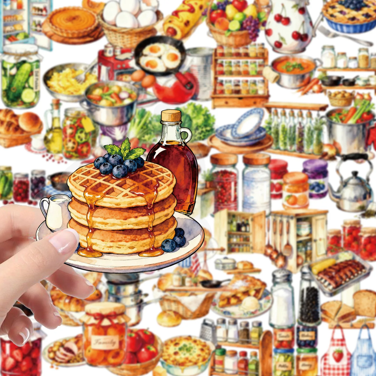 56PCS Watercolor Style Kitchen Food Sticker Transparent Waterproof Graffiti Decal Toy for Stationery Box Water Cup Diary
