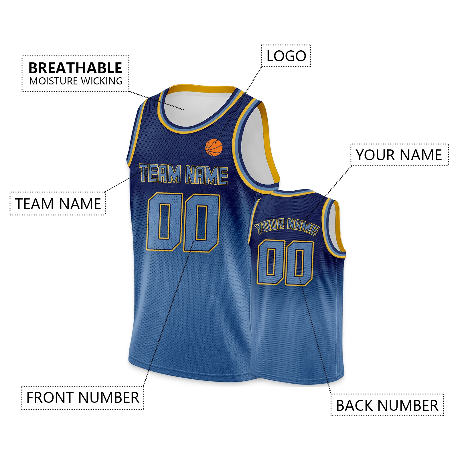 Blue Gradient Basketball Jersey Print Team Name Number Customize Your Basketball Uniform for Men Women Youth Kids
