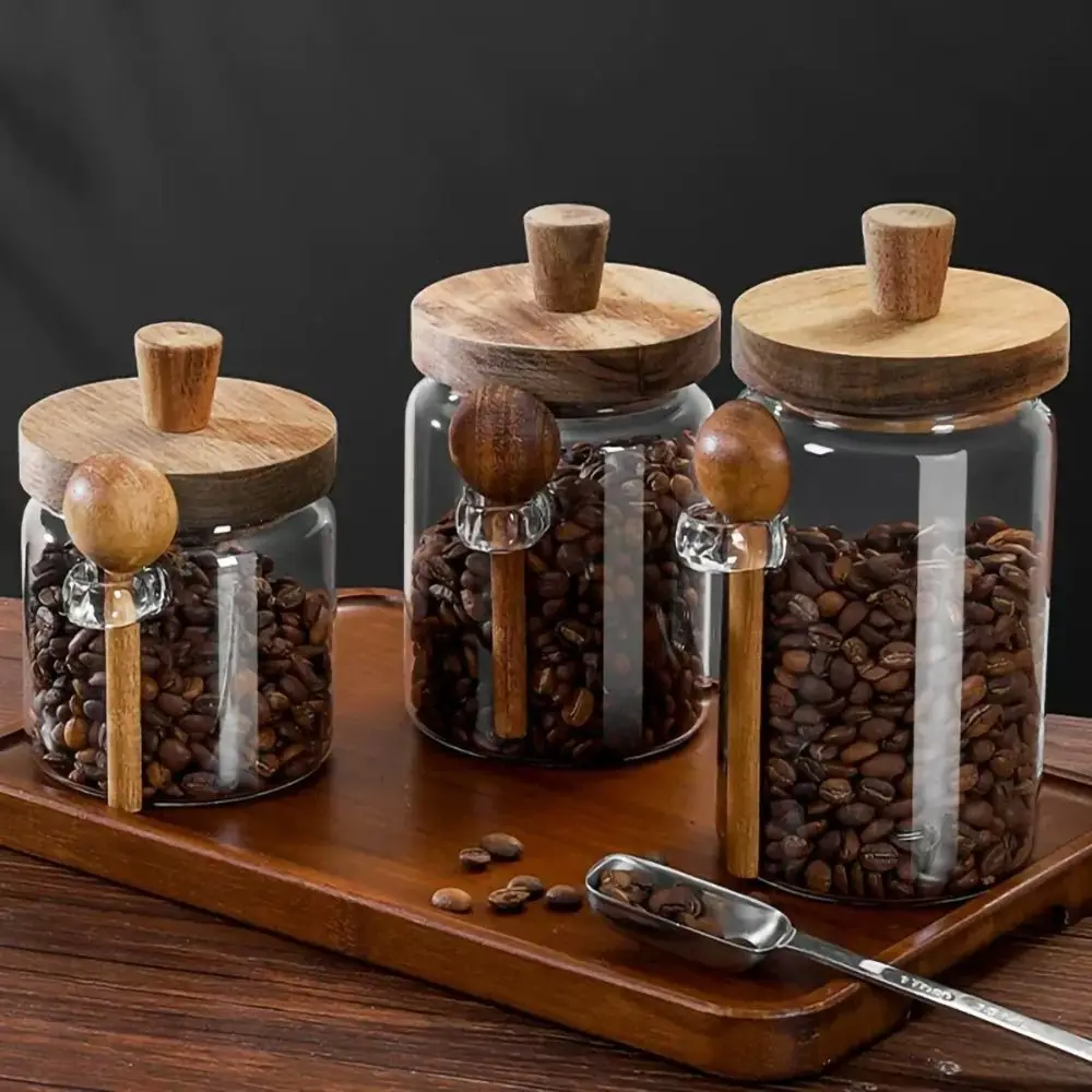 Glass Sealed Jar Five Grains Coffee and Tea Storage Can with Wooden Spoon Seasoning Bottle Kitchen Moisture-proof Storage Tank 3