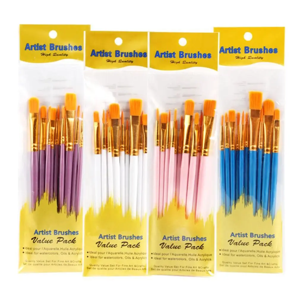 10Pcs/set Nylon Hair Artist Paint Brush Set Paintbrush Watercolor Acrylic Oil Painting Brushes Colorful Professional