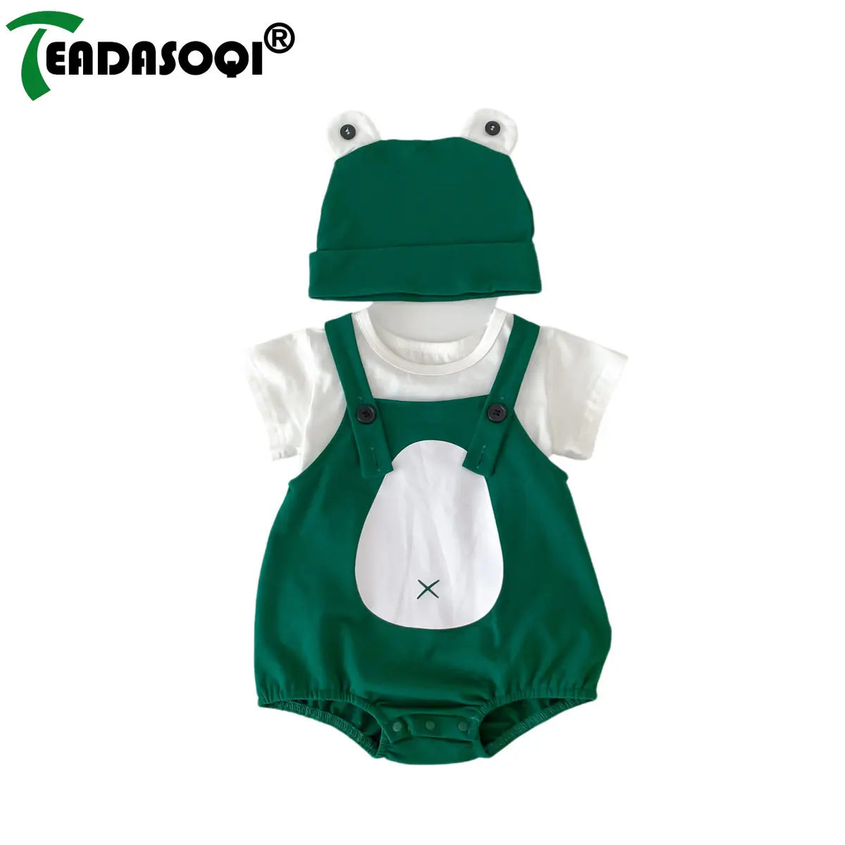 

2023 Summer New In Kids Infant Boys Girls Cartoon Frog One-piece Overalls Newborn Baby Bodysuit+hat+solid Color T-shirts 3pcs