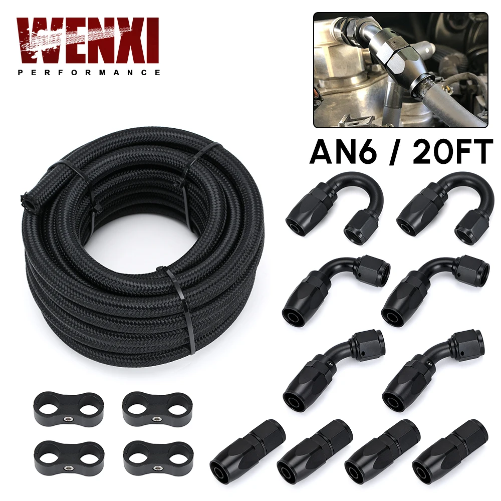 

6Meter/20FT AN6 6AN Oil Fuel Fittings Hose End 0+45+90+180 Degree Stainless Steel Braided Oil Fuel Hose Line Black With Clamps