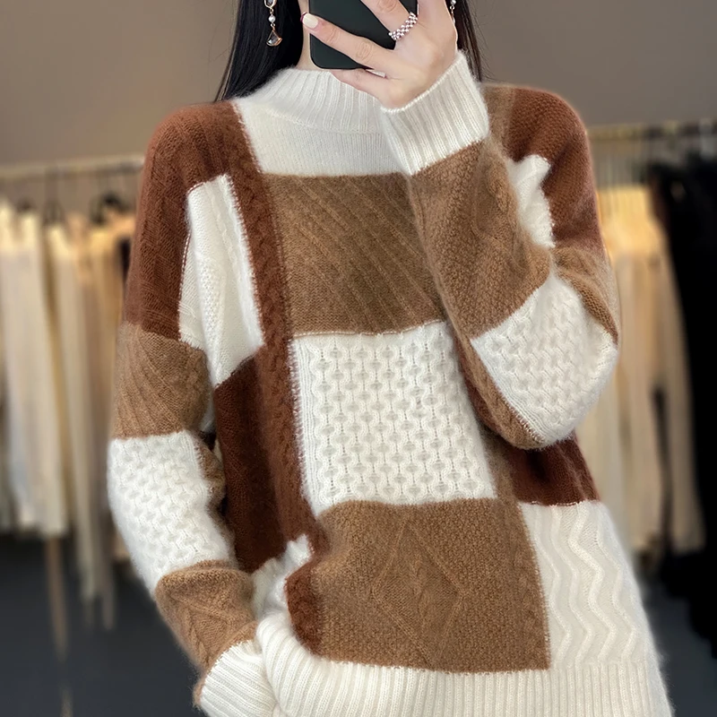 

Autumn and Winter New 100% Pure Cashmere Knitwear Women's Semi-turtleneck Loose Knitwear Wool Knitted Bottom Sweater