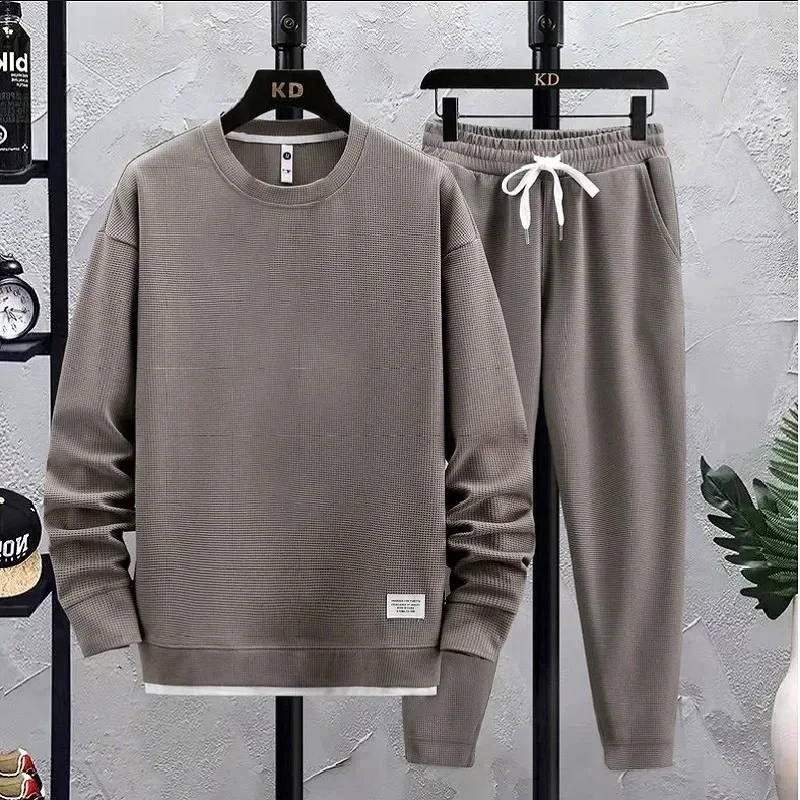 Spring and Autumn Fashion New Men's Brand Round Neck Hong Kong Style Waffle Set Casual and Handsome Sports Two Piece Se