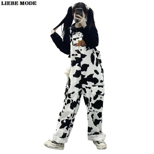 Female Harajuku Girls Cow Print Jumpsuit Women High Street Hip Hop Overalls Casual Suspender Trousers Baggy Pants