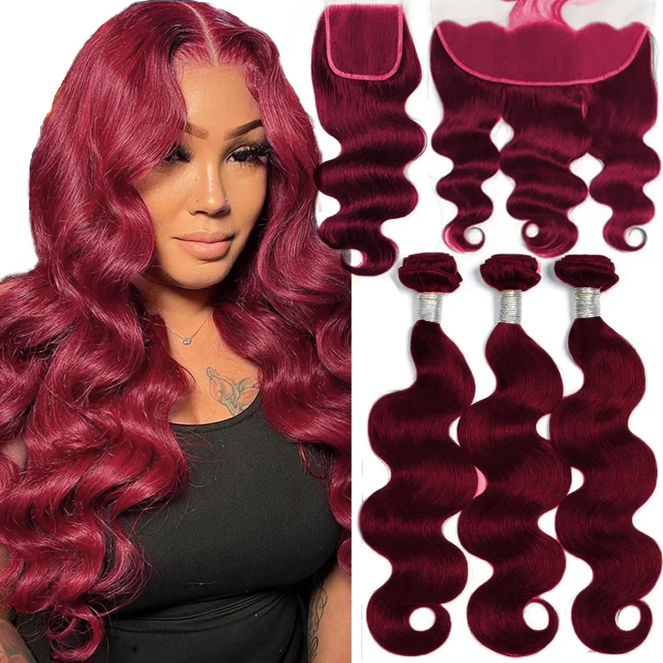 

99j Burgundy Colored Body Wave Human Hair Bundles With Closure Frontal Preplucked 13x4 Frontal Closure with Bundles Remy Hair