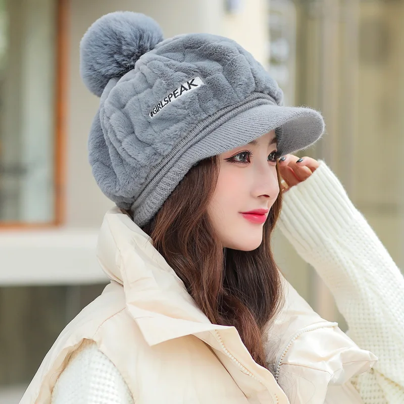 

Korean version of autumn and winter hat female hundred plush warm cap cute hairball rabbit hair ear protection hat thick