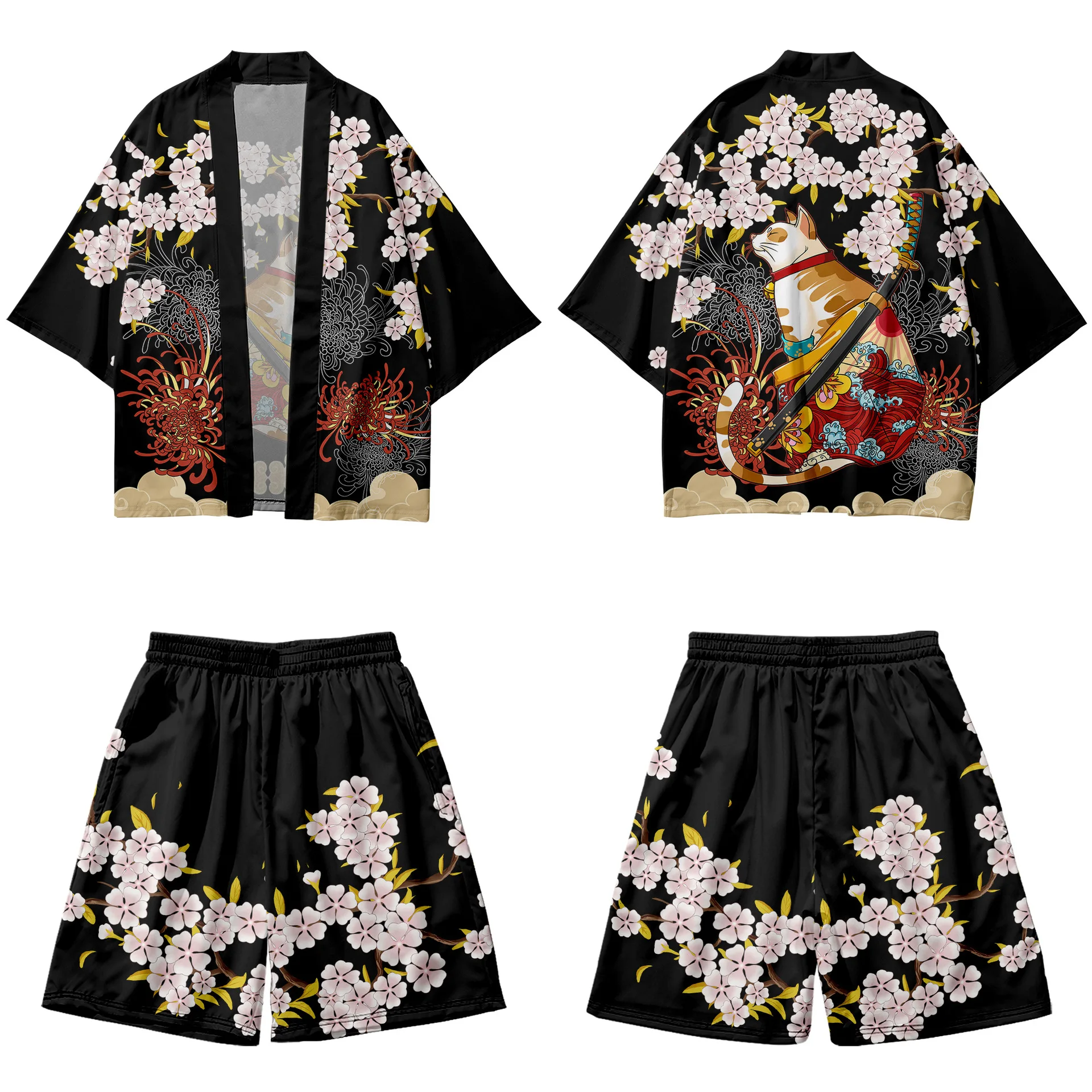 Summer Two-piece Suit Vintage Japanese Loose Cardigan Haori Yukata Green Demon Print Kimono Shorts Sets
