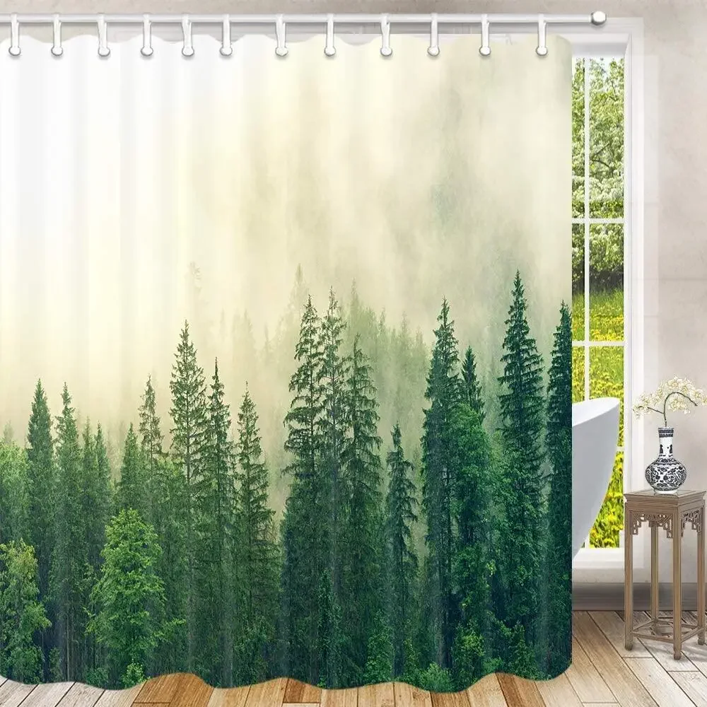 Tende Da Doccia Rustiche Nature Forest, Misty Forest Nature Mountain Green Fog Magic Woodland Pine Tree Set Di Decorazioni Per Tende Da Bagno