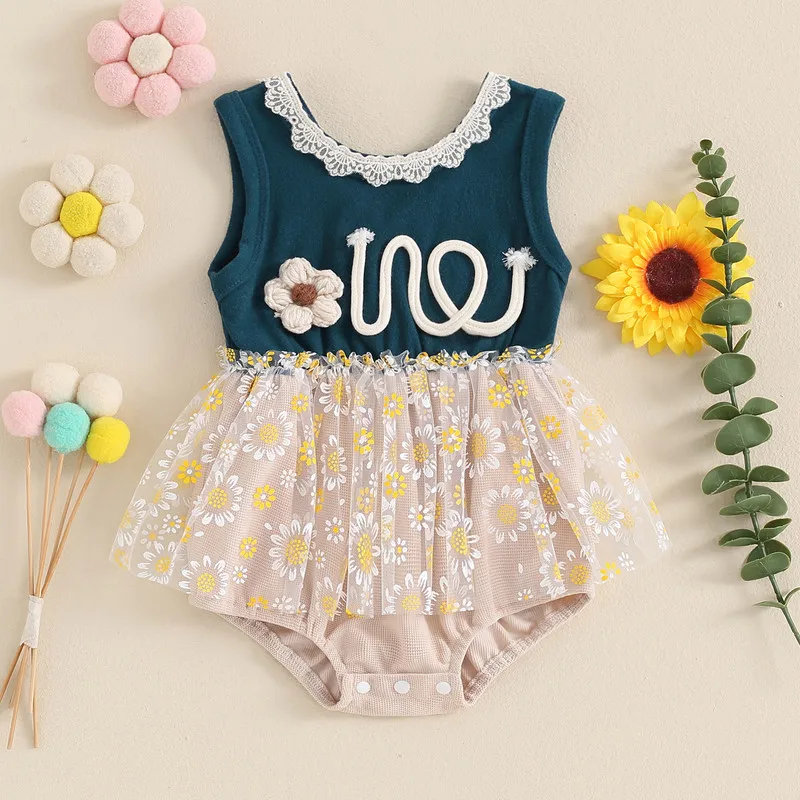 

Боди для новорожденных девочек платье летняя одежда с 3D цветочной вышивкой без рукавов Тюлевая юбка с маргаритками подол Детский комбинезон