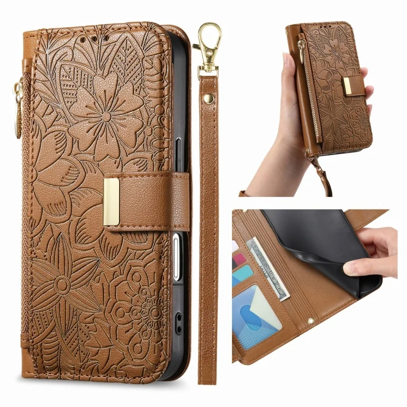 Magnetic Leather Zip Wallet Phone Case with Lanyard