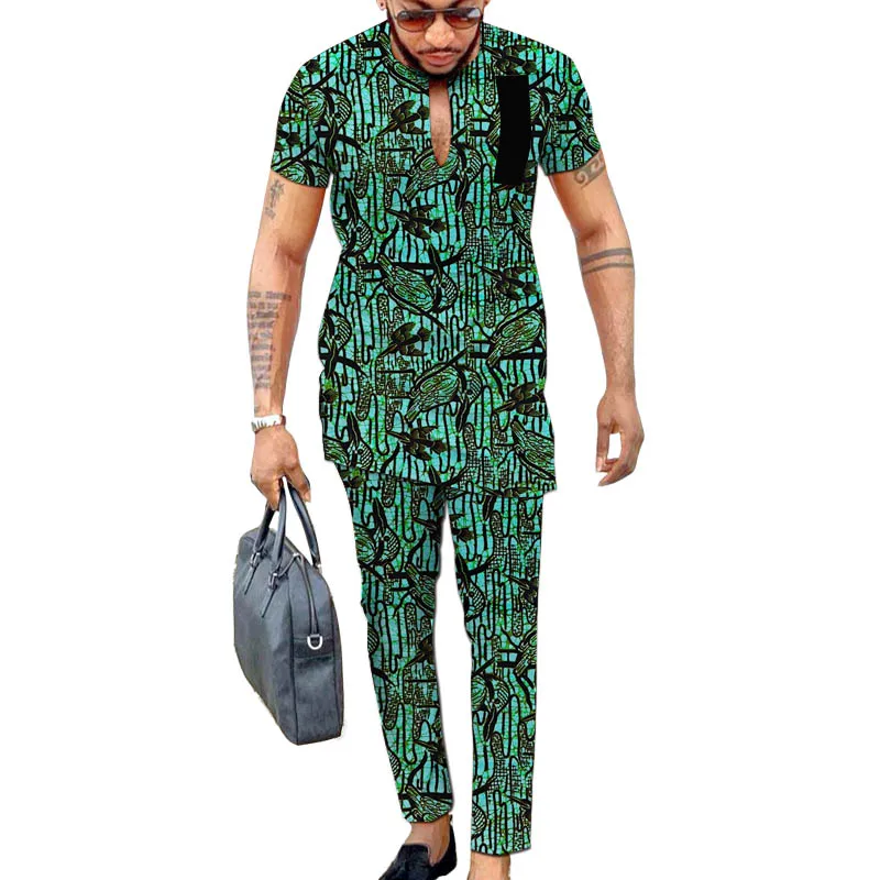 Ankara print short sleeve tops with trousers colorful men's pant sets African fashion groom suits customize party clothes