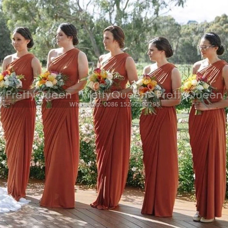 BurntOrangeChiffonBridesmaidDressesPleatMermaidOneShoulderLong — free download
