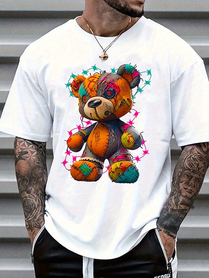 Men's Summer 100 Cotton Fashionable Casual Sports Loose Large Cartoon Teddy Bear Pattern Printed Round Neck Short Sleeve T-shirt