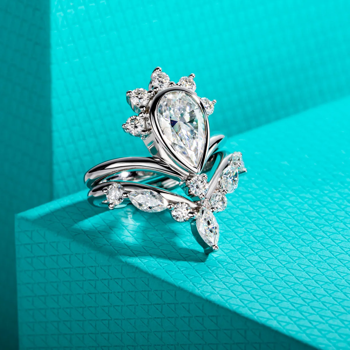 AnuJewel 3ct 배 컷 D 컬러 Moissanite 신부 반지 세트 실버 웨딩 밴드 크라운 기념일 보석 선물