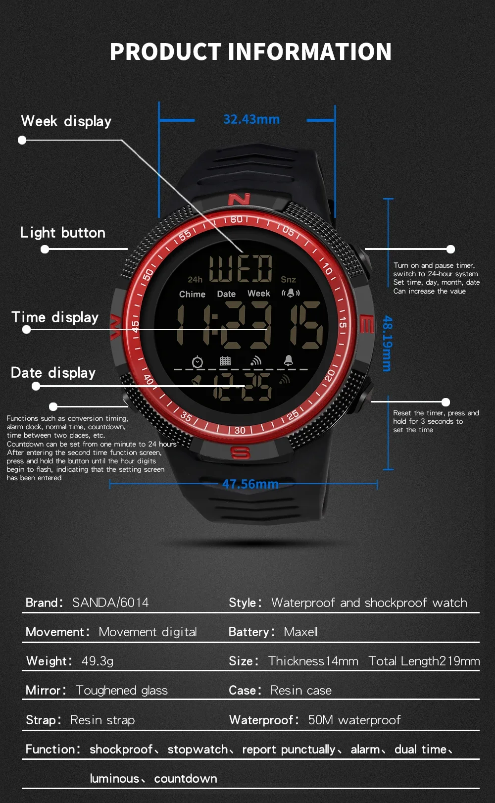 SANDA 6014 Top Brand Waterproof Men Watch Multifunctional Luminous Digital Wristwatch Outdoors Sports Student Watches Fashion 6